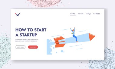 Business Startup Landing Page Şablonu. Roketle Uçan Mutlu Girişimciler. Erkek Karakterler Girişim Şirketi. Başarının, gelişmenin ve hedeflere ulaşmanın yolu. Çizgi film Vektör İllüstrasyonu