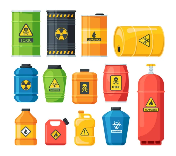 Conjunto Diferentes Recipientes Com Líquido Químico Explosivo Perigoso Gás Óleo —  Vetores de Stock