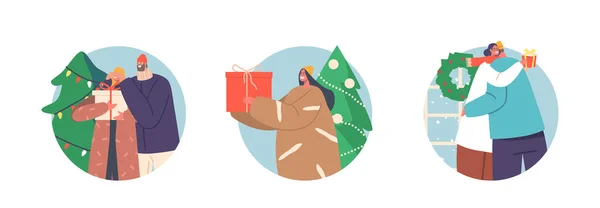 一对年轻夫妇在冷杉树旁欢度圣诞假期 交换礼物 拥抱家人 快乐的男人 圣诞佳节 卡通人物矢量图解 — 图库矢量图片