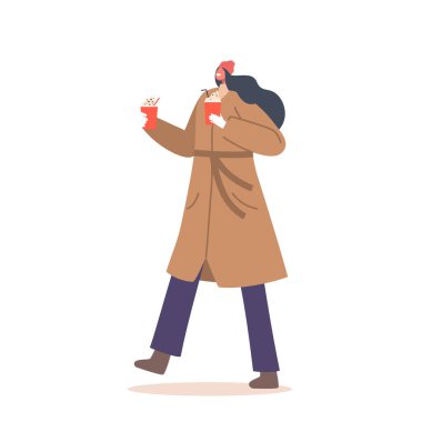 Sıcak çikolatalı kadın bardakları ya da beyaz arka planda saman ve serpiştirilmiş kakao içecekleri. Kış Noel Soğuk Mevsim Konsepti için sıcak içecek. Çizgi film Vektör İllüstrasyonu