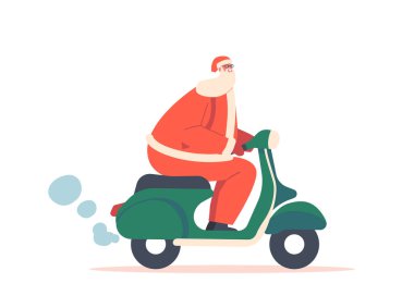 Scooter 'a binen Noel Baba ya da beyaz arka planda izole edilmiş Moped. Kırmızı Şenlik Takım Elbiseli Peder Noel Karakteri. Tebrikler. Noel Hediyeleri Teslimat Hizmetleri Konsepti. Çizgi film İnsanları Vektör İllüstrasyonu