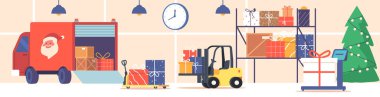 Noel Baba Ofisi ya da Kamyon, Forklift, El Arabası ve Rafta Hediyeleri olan Depo. Noel Yükleme ve Teslimat Servisi 'ni sunar. Depo Hangarı. Çizgi film Vektör İllüstrasyonu