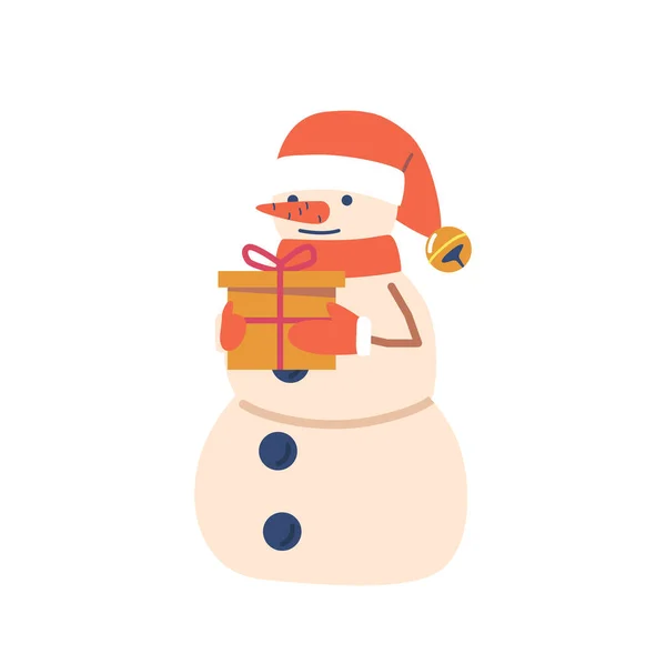 Snowman Draag Santa Hat Wanten Holding Gift Box Xmas Personages — Stockvector