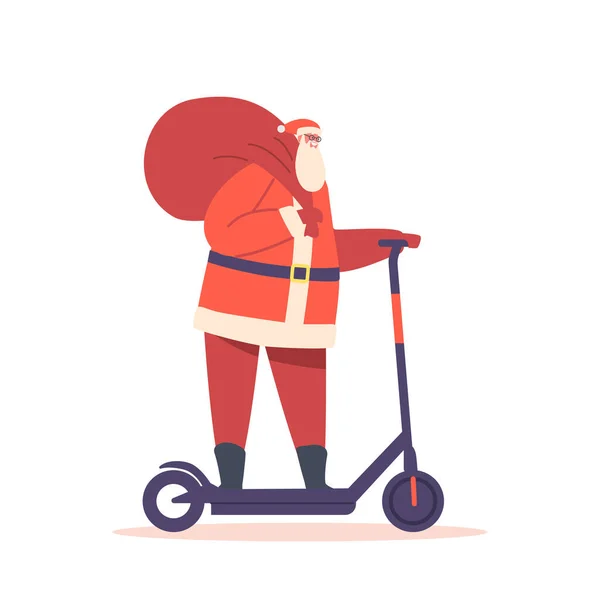 Weihnachtsmann Auf Elektroroller Mit Geschenken Roten Sack Auf Der Schulter — Stockvektor