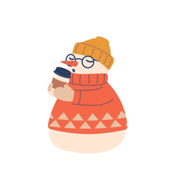 可爱的雪人角色身穿毛衣 针织帽子和眼镜 喝可可 有着白色背景的热饮料的有趣的冬季人物 卡通矢量图解 — 图库矢量图片