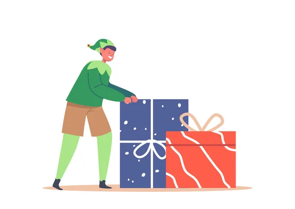 クリスマスエルフの男の子はギフトボックスのヒープ 緑の衣装とストッキングのサンタクロースヘルパー 新年のためのかわいい遊び心のあるドワーフの準備と白い背景に隔離されたクリスマス 漫画ベクターイラスト — ストックベクタ