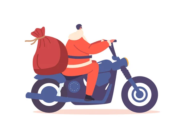Concepto Entrega Regalos Navidad Santa Claus Montar Bicicleta Con Bolsa — Archivo Imágenes Vectoriales