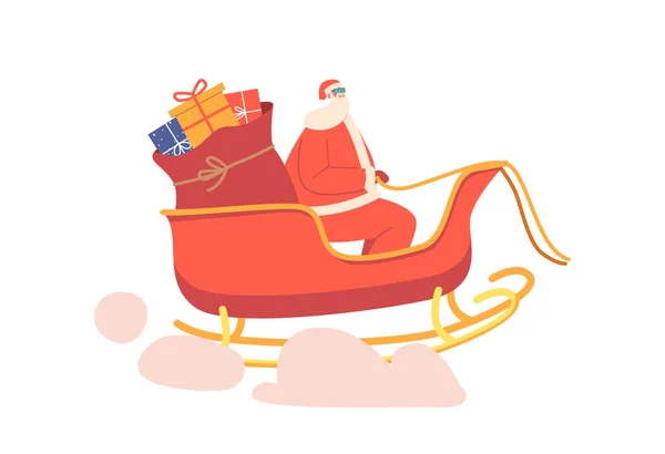 圣诞快乐和新年快乐祝福的概念 圣诞公公骑着驯鹿的雪橇 带着一堆堆包装好的礼品盒在空中飞来飞去 庆祝寒假 卡通矢量图解 — 图库矢量图片
