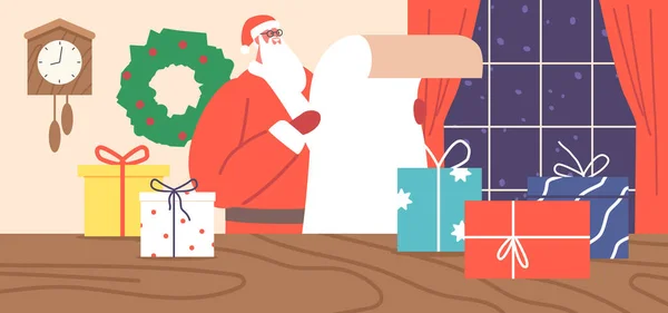 Weihnachtsmann Rotem Festtagskostüm Und Hut Liest Brief Oder Geschenkliste Von — Stockvektor