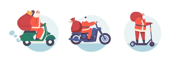 圣诞老人用不同的交通工具送礼物 驾驶电动车 摩托车和自行车送孩子们去参加圣诞独立偶像或Avatars的诺埃尔人物形象 卡通矢量图解 — 图库矢量图片