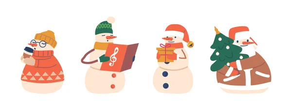 Набор Снеговиков Смешные Новогодние Персонажи Зимние Рождественские Персонажи Пьют Какао — стоковый вектор