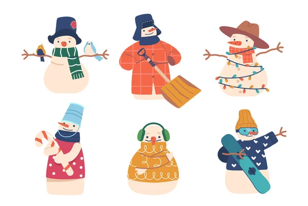 Set Lindos Personajes Muñecos Nieve Divertidos Personajes Invierno Año Nuevo — Archivo Imágenes Vectoriales