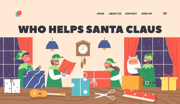 Jultomten Hjälper Landning Page Template Roliga Alver Arbetar Kontorsrummet Förbereda — Stock vektor