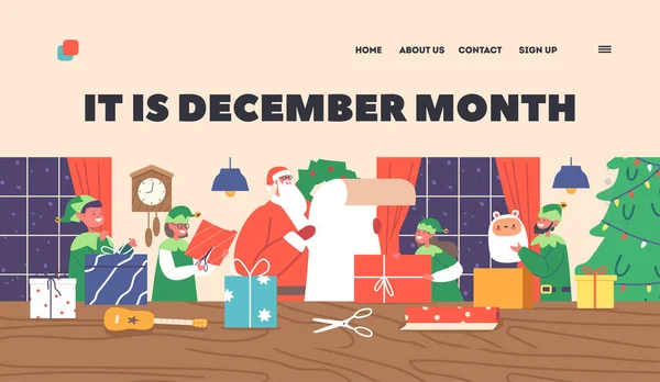 Dezember Monat Landing Page Template Weihnachtsmann Arbeitet Mit Elfen Büro — Stockvektor
