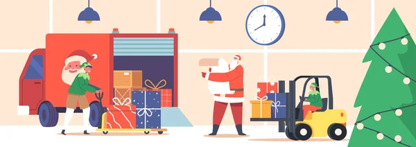 Vánoční Donáška Santa Claus Elfové Pomáhá Nakládat Dárky Nákladním Automobilu — Stockový vektor