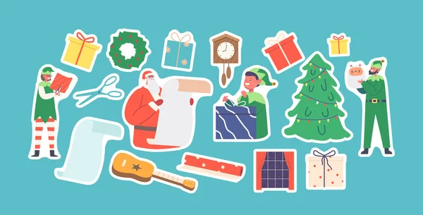 Set Stickers Santa Claus Elves Reading Gift List Prepare Presents — Stock Vector
