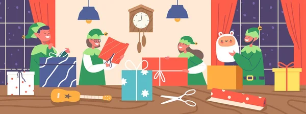 Lustige Wichtel Weihnachtsmann Helfer Die Büro Arbeiten Bereiten Geschenke Und — Stockvektor