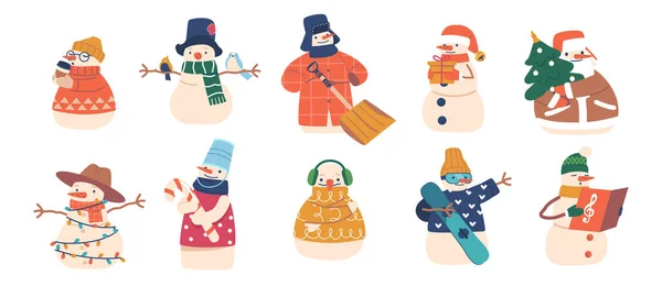 Set Snowmen Winter Characters Funny New Year Christmas Personages Drinking — Stock Vector