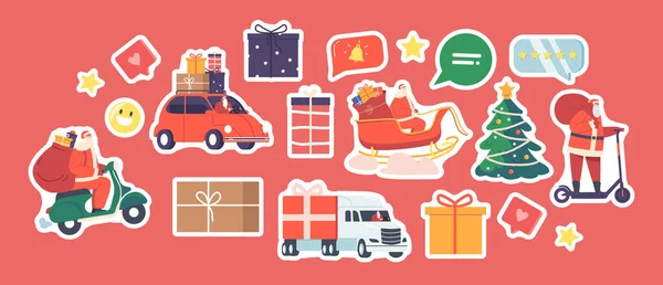 Conjunto Adesivos Papai Noel Entregar Presentes Diferentes Modos Transporte Noel — Vetor de Stock