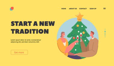 Yeni Yıl Geleneksel İniş Şablonu. Aşk, Noel için romantik randevu. Mutlu Sevgili Erkek ve Kadın Karakterler Yuvaları Çakışan Gözlükler 'de Buluşuyor. Çizgi film İnsanları Vektör İllüstrasyonu