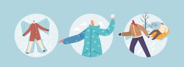 Mutlu Genç Çift Kadını ve Erkek Karakterleri Kış Tatil ve Noel aktiviteleri Ayrı Yuvarlak Simgeler veya Görseller. İnsanlar kartopu oynuyor, Kayıyor. Angel yap. Çizgi film Vektör İllüstrasyonu