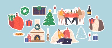 Çıkartmalı Genç Sevgi Çifti Noel 'i Kutluyor, Masada Oturuyor, Çay İçiyor, Sohbet ediyor, Dizüstü Bilgisayarda Film İzliyor, Birlikte Ateş Yeri' nde Hediyeler Açın. Çizgi film Vektör Resimleri, Yamalar Paketi