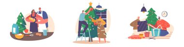 Genç Çifti, Noel Tatili Kutlamaları, Yemek Pişirme ve Dekorasyon Ağacı Mutlu Karakterler Erkek ve Kadın Yılbaşı ve Xmas Kutlamalarını İzole Etti. Çizgi film İnsanları Vektör İllüstrasyonu