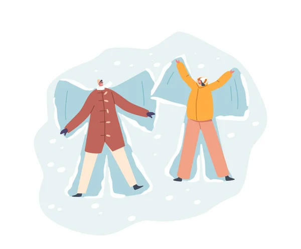 新婚夫妇让雪天使快乐 年轻的笑脸男男女女躺在白雪覆盖的地面上 伸展着有乐趣的胳膊和腿 人们冬季户外活动 卡通矢量图解 — 图库矢量图片