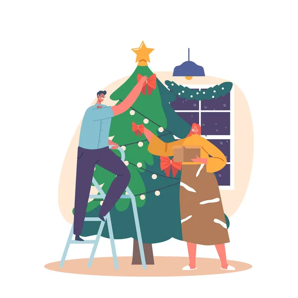 성탄절 성탄절에 대비하는 Happy Man Woman Decorating Christmas Tree Put — 스톡 벡터