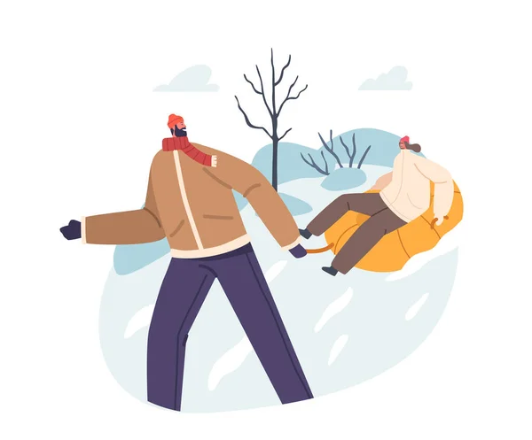 Man Pull Sled Met Zittend Meisje Wintertijd Activiteit Happy Couple — Stockvector