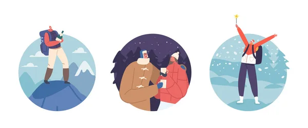 圣诞假期的夫妇旅行与环球旅行或雅典娜旅行有关 冬季假期的男女角色与香槟和斯派克勒一起爬上岩石 卡通人物矢量图解 — 图库矢量图片