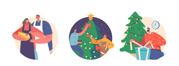 设置一对年轻夫妇庆祝圣诞假期孤立的圆形图标或Avatars 采购产品男人和女人包装礼物 烹调和装饰枞树 快乐的人物 圣诞快乐 卡通人物矢量图解 — 图库矢量图片