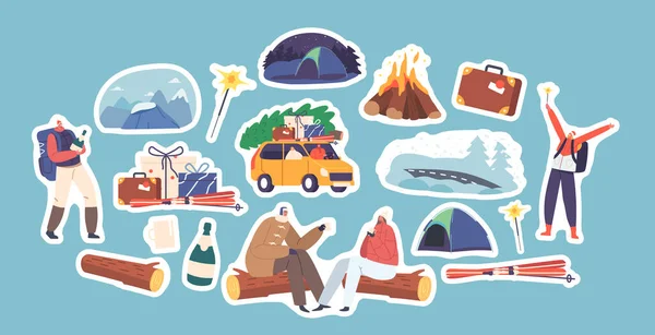 Set Stickers Couple Travel Christmas Holidays Male Female Characters Winter — Stock Vector