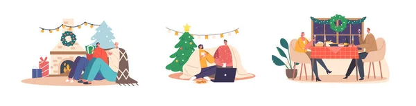 Set Young Loving Couple Celebrate Christmas Sitting Table Drinking Tea — Stock Vector