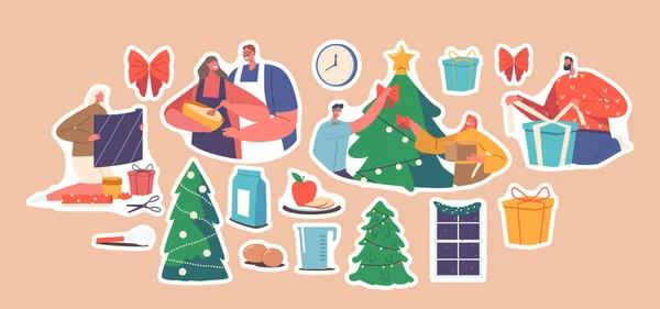 Aufkleberset Junges Paar Feiert Weihnachten Verpackung Geschenke Kochen Und Schmücken — Stockvektor
