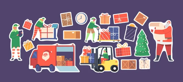 stock vector Set of Stickers Santa Claus and Elves Loading Gifts in Truck, Christmas Characters Reading List and Load Boxes in Warehouse. Presents Delivery Service. Cartoon Vector Illustration, Patches Pack