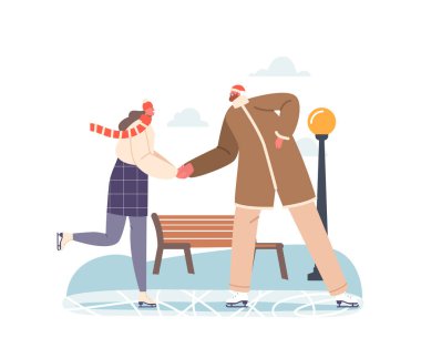 Şehir Buz Pisti 'ndeki Mutlu Çift Paten Kış Parkı' ndaki Açık Hava Aktiviteleri. Noel Tatili, Aile Tatilleri Boş Zaman. Erkek ve Kadın Karakterler Artistik Patinaj. Çizgi film İnsanları Vektör İllüstrasyonu