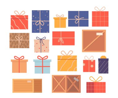 Farklı Hediye Kutuları, Kağıt ve Kurdelelerle Kaplanmış Renkli Hediyeler, Kış Tatilleri için Tahta Tabutlar, Noel, Beyaz Arkaplanda İzole Edilmiş Yeni Yıl Kutlamaları. Çizgi film Vektör İllüstrasyonu