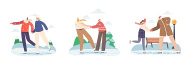 Donmuş Göl 'de ya da Kış Parkı Buz Pisti' nde Sıcak Giysiler İçinde Mutlu Çiftler Paten Yap. Genç Çiftler Kış Tatilleri ve Noel Tatili Eğlencesi. Çizgi film Vektör İllüstrasyonu