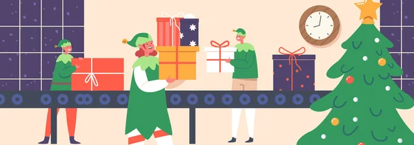 Nový Rok Veselé Vánoce Elfí Týmová Práce Dopravníkovém Pásu Vánoční — Stockový vektor