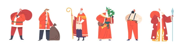 Set Von Weihnachtsmännern Traditionellen Kostümen Verschiedener Länder Weihnachten Persönlichkeiten Mit — Stockvektor