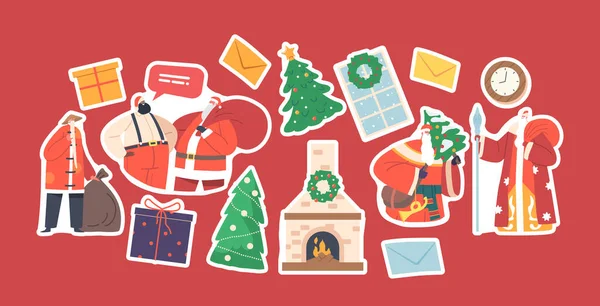 Aufkleber Weihnachtsmann Traditionellen Trachten Aus Verschiedenen Ländern Weihnachten Persönlichkeiten Mit — Stockvektor