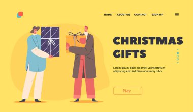 Noel Hediyeleri İniş Sayfası Şablonu. Erkek Karakterler Kış Tatil Kutlamaları için Birbirine Hediyeler Veriyor. Arkadaşlar, Meslektaşlar ya da Akrabalar Mutlu Selamlar. Çizgi film Vektör İllüstrasyonu