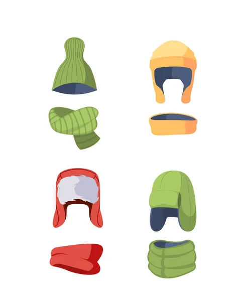 Set Colorful Children Hats Scarves Kids Headwear Design Cold Weather — Stock Vector