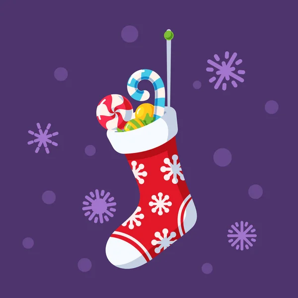 圣诞袜与神圣的雪花装饰 棒棒糖和糖果糖果糖果 冬季圣诞短袜 隔离假日元素 冬季儿童礼物 传统装饰 卡通矢量图解 — 图库矢量图片