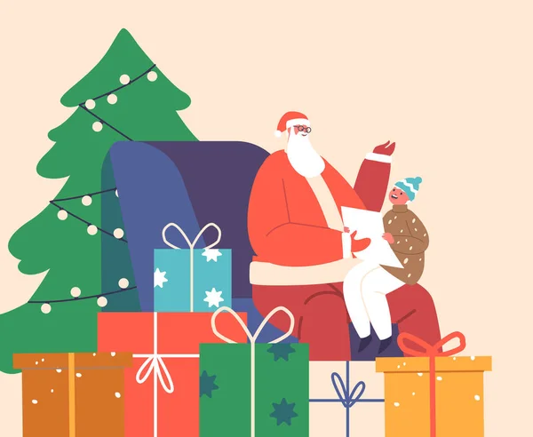 为圣诞老人朗诵童谣 圣诞前夕 坐在父亲的膝头上的小女孩或男孩们坐在装饰过的圣诞树前 手里拿着一堆堆礼物和礼物 卡通人物矢量图解 — 图库矢量图片