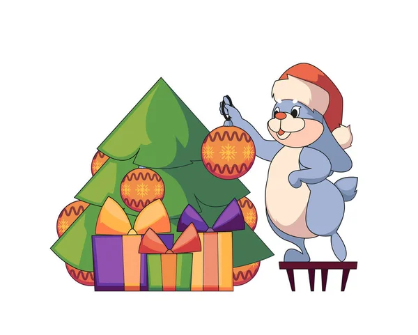 Cute Christmas Rabbit Decorate Fir Tree Baubles Cartoon Hare Character — Stock Vector