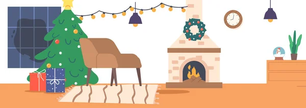Christmas Room with Decorated Tree, Armchair, Burning Fire Place, Gifts, Garland. Interior for Xmas Celebration, Living Room, Relax and Recreation Place with Holiday Decor. Cartoon Vector Illustration