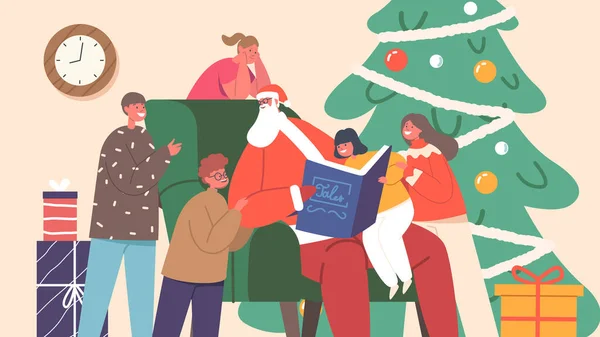 在平安夜 圣诞老人的角色给孩子们讲故事 圣尼古拉斯坐在装饰过的枞树下的扶手椅上 手里拿着书 给孩子们读书 卡通人物矢量图解 — 图库矢量图片