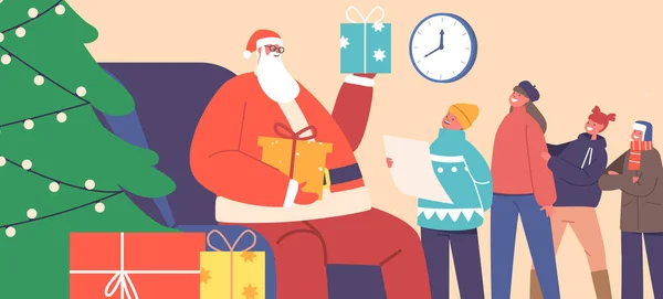 圣诞老人送给孩子的礼物 排队的小男孩和小女孩给坐在装饰过的圣诞树前的扶手椅上的诺埃尔神父念赞美诗 卡通人物矢量图解 — 图库矢量图片